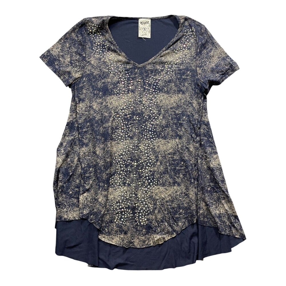Vocal Small V Neck Blue Rhinestone Studded Short Sleeve Top‎